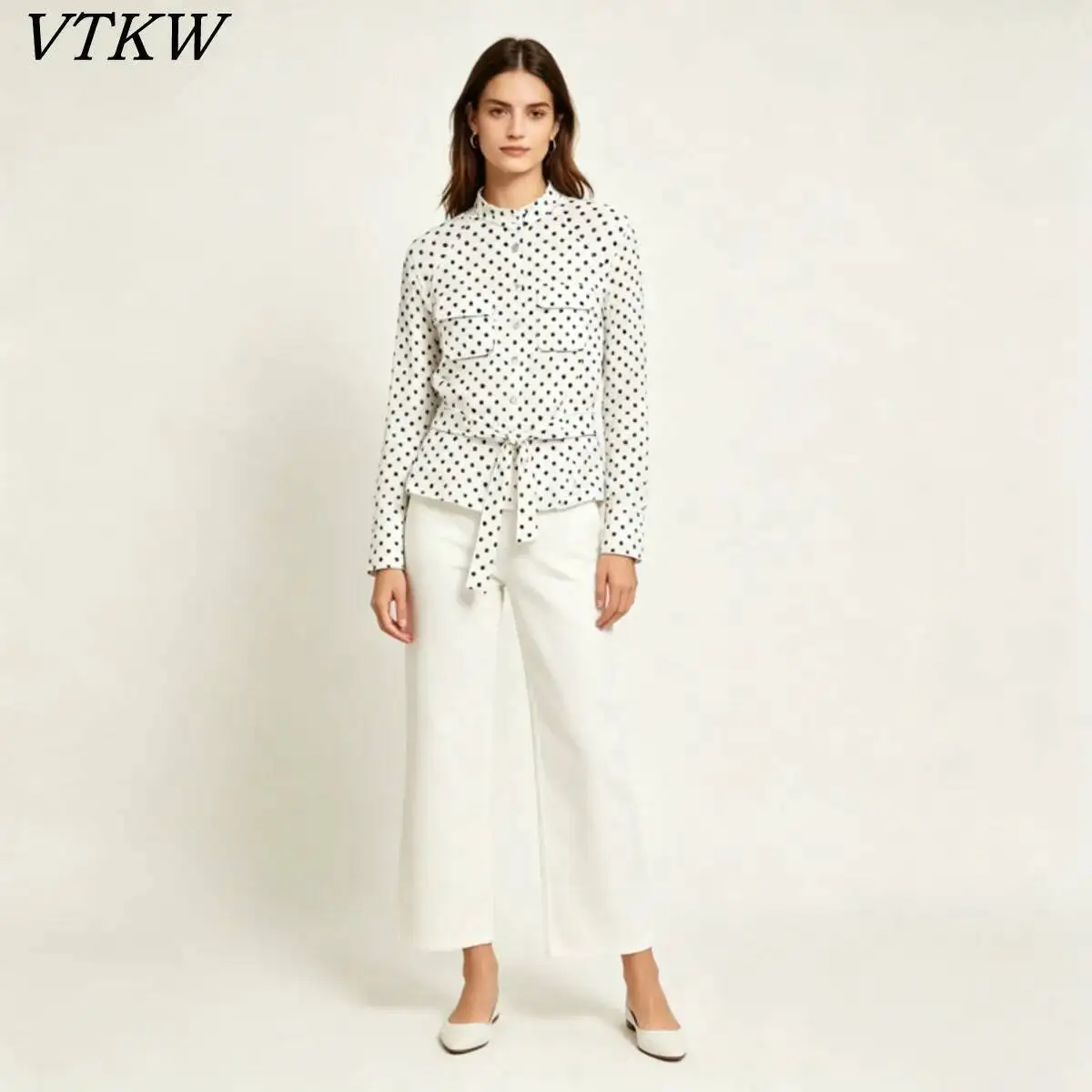 

VTKW 2026 New Women Polka Dot Stand Collar Blouse Long Sleeve Button Down with Waist Tie Slim Fit Elegant Casual Workwear Shirt