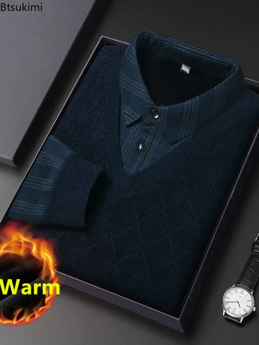 Nuovi maglioni a due pezzi finti da uomo 2024 Trendy Business Casual Plus velluto più spesso Pullover lavorato a maglia caldo uomo Jacquard Bottoming Tops