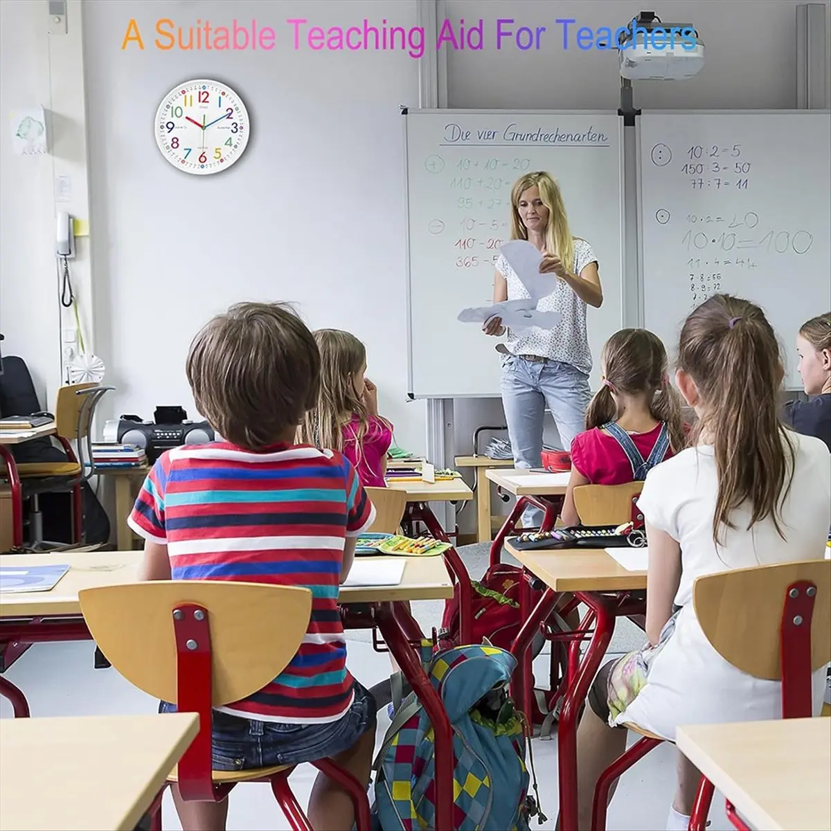 Horloge d'apprentissage KSOL pour enfants - Facilite l'apprentissage de l'heure, sans tic-tac, fonctionne à piles, silencieuse, horloge d'apprentissage colorée