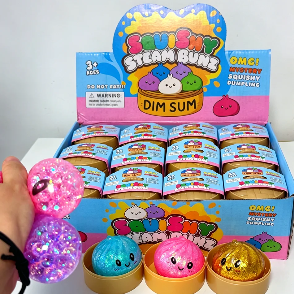 Squishies en forme de dumpling à paillettes avec boîte, jouet sensoriel anti-stress