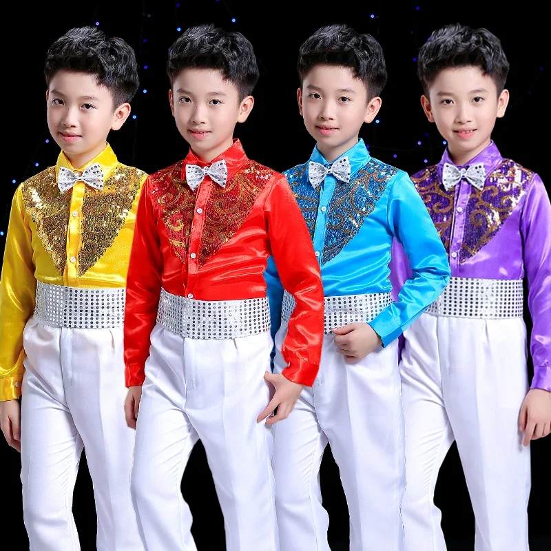 Jungen Hip Hop Kostüm Pailletten Shirts Weiße Hosen Anzug Jazz Kostüme Kinder Bühne Tanzen Outfit Kinder Street Show Tragen