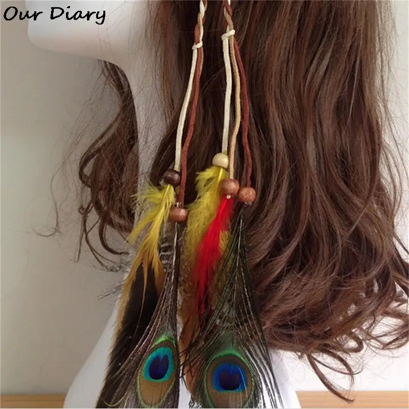 For women girl hair head bands hairband ornaments tiara decorations bohemian peacock feather braided headband beach accessories