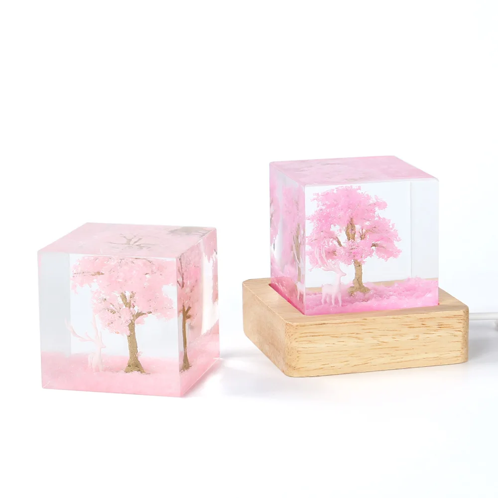 Creative Deer Sakura Tree Resin Art Night Light LED Glow Lamp Sculpture Figurine Statue Desktop Bedroom Ornament Home Decor Gift