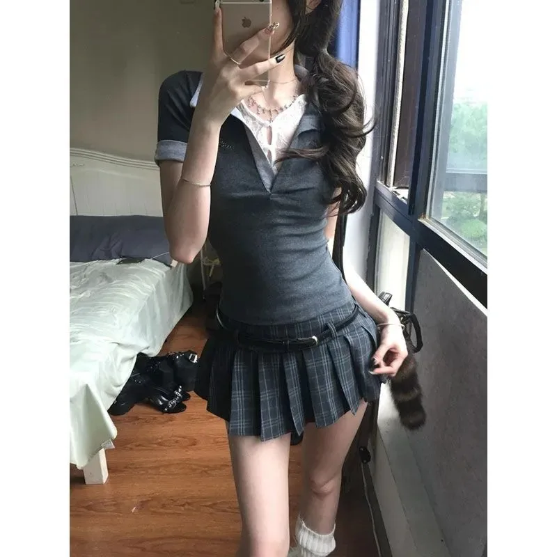 

Women's Plaid Pleated Mini Skirt with Belt Y2K Style High Waist Short Skirt