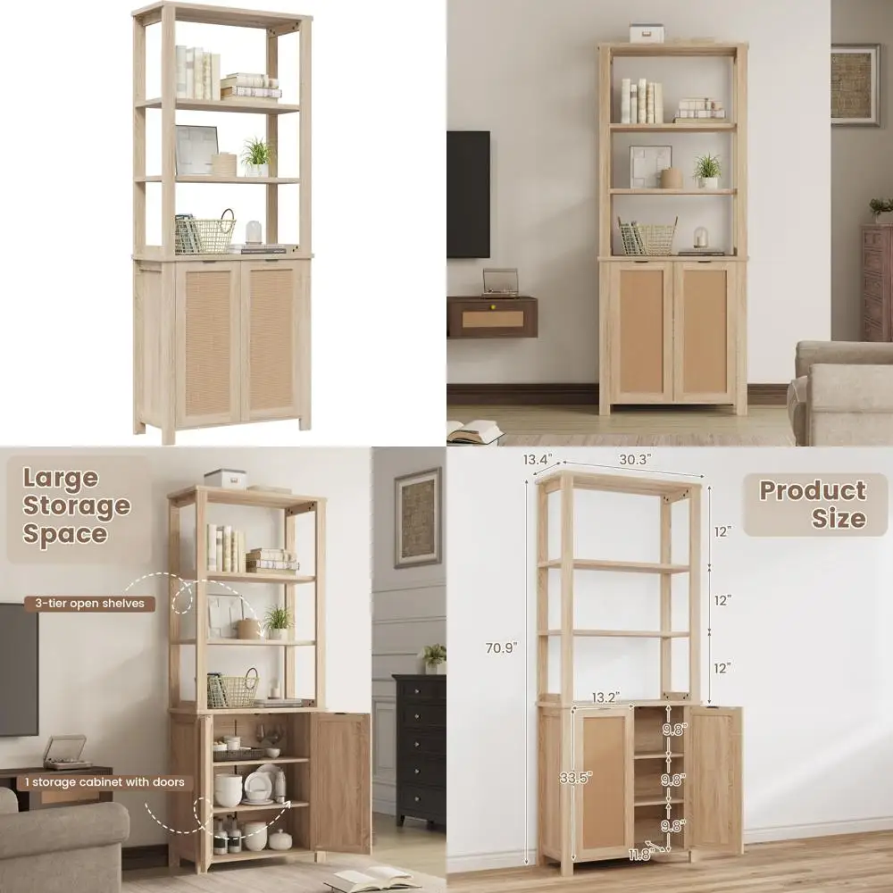 6-Tier Rattan Tall Bookcase with Storage Cabinet and Display Shelves, Bohemian Style Wooden Farmhouse Bookshelf