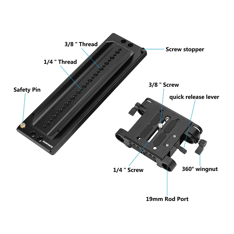 Pelat pas 12 inci dan pelat dasar QR dengan adaptor batang ganda untuk Studio 19mm