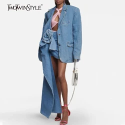 TWOTWINSTYLE Solid Two Piece Sets for Women Lapel Long Sleeve Loose Coat High Waist Spliced 3D Flower Skirt Fashion Set Female