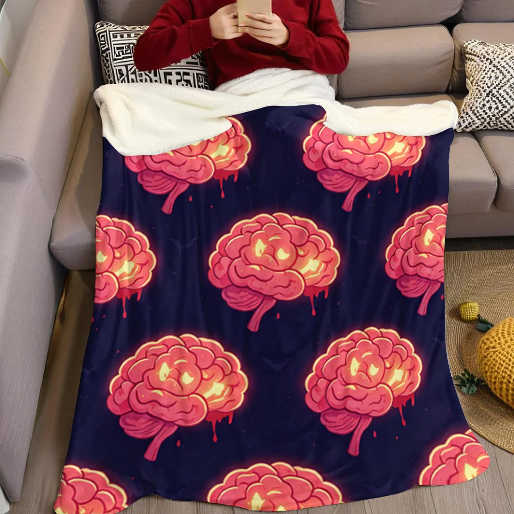 Cute Cartoon Zombie Brains Flannel Blanket Warm Soft Halloween Christmas All-Season Couch Decorative Cozy Warm Gift