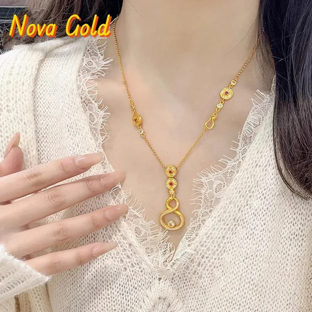NovaGlod Gold Shop 24K real gold dot diamond Fulu Ling Snake Pendant Necklace au999 pure gold hollow coin snake collarbone chain