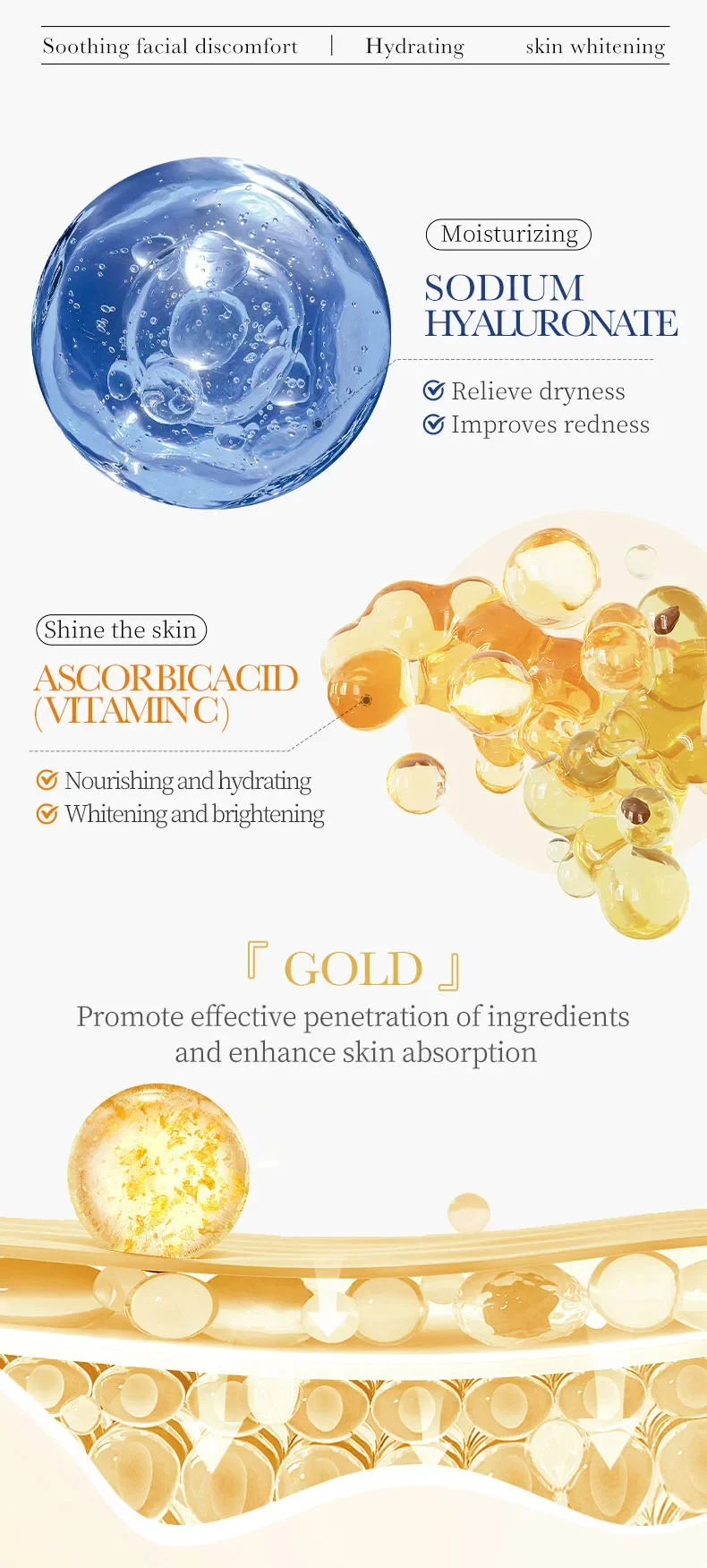 15 Stück SADOER 24K Gold Vitamin C Hyaluronsäure Gesichtsmasken für Gesicht, feuchtigkeitsspendend, straffend, feuchtigkeitsspendend, Gesichtsmaske, Gesichtspflege – Detail 5