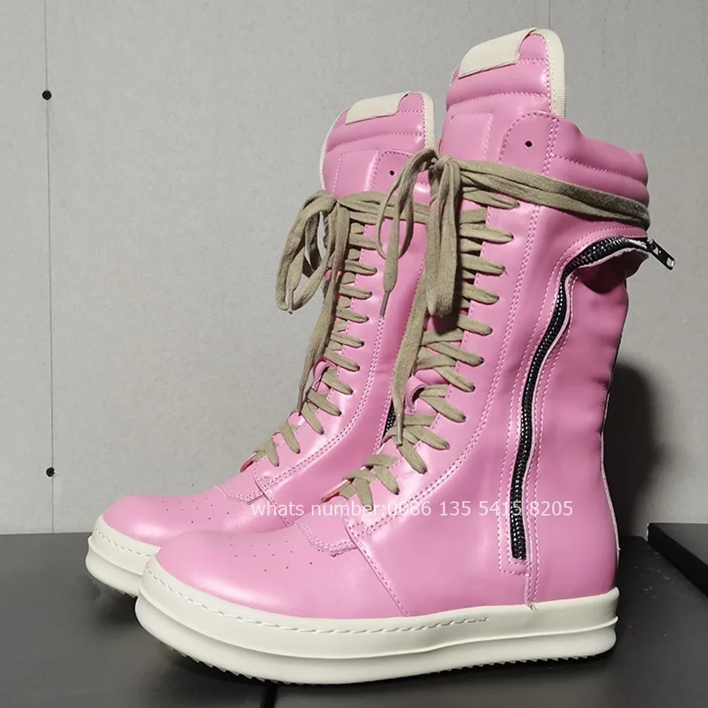 Pink Women's Cowhide Casual Sport Boots High Lacing-Up Side Zipper Sneakers Winter Sutumn Round Toe Brand Design Men Boots Solid