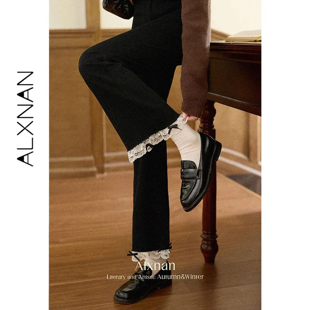 ALXNAN Women's Black Jeans Lace Stitching Casual Straight Cotton Denim Pants 2026 Autumn New Office Lady Female Trousers L568101