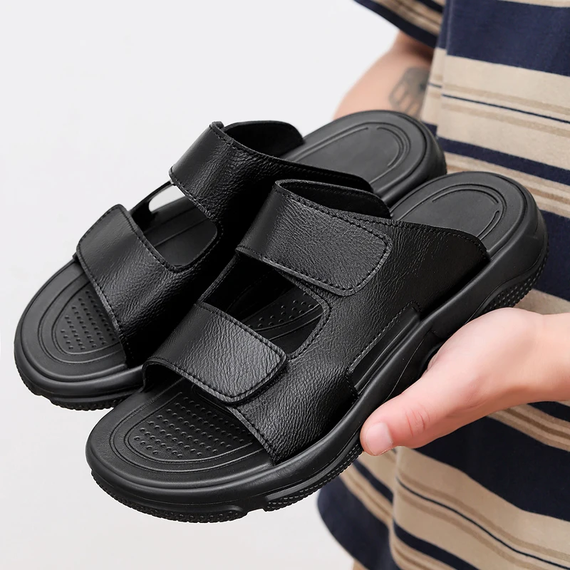 Sandálias de Couro Masculinas com Tira Ajustável de Velcro, Chinelos Abertos com Sola Grossa Antiderrapante, Calçados Casuais de Verão para Praia