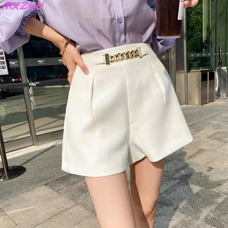 White Shorts For Women Genuine Leather Elastic Waist Skinny Wide Leg Pants Female Sheepskin Gold Chain Pantalon Corto Casuales