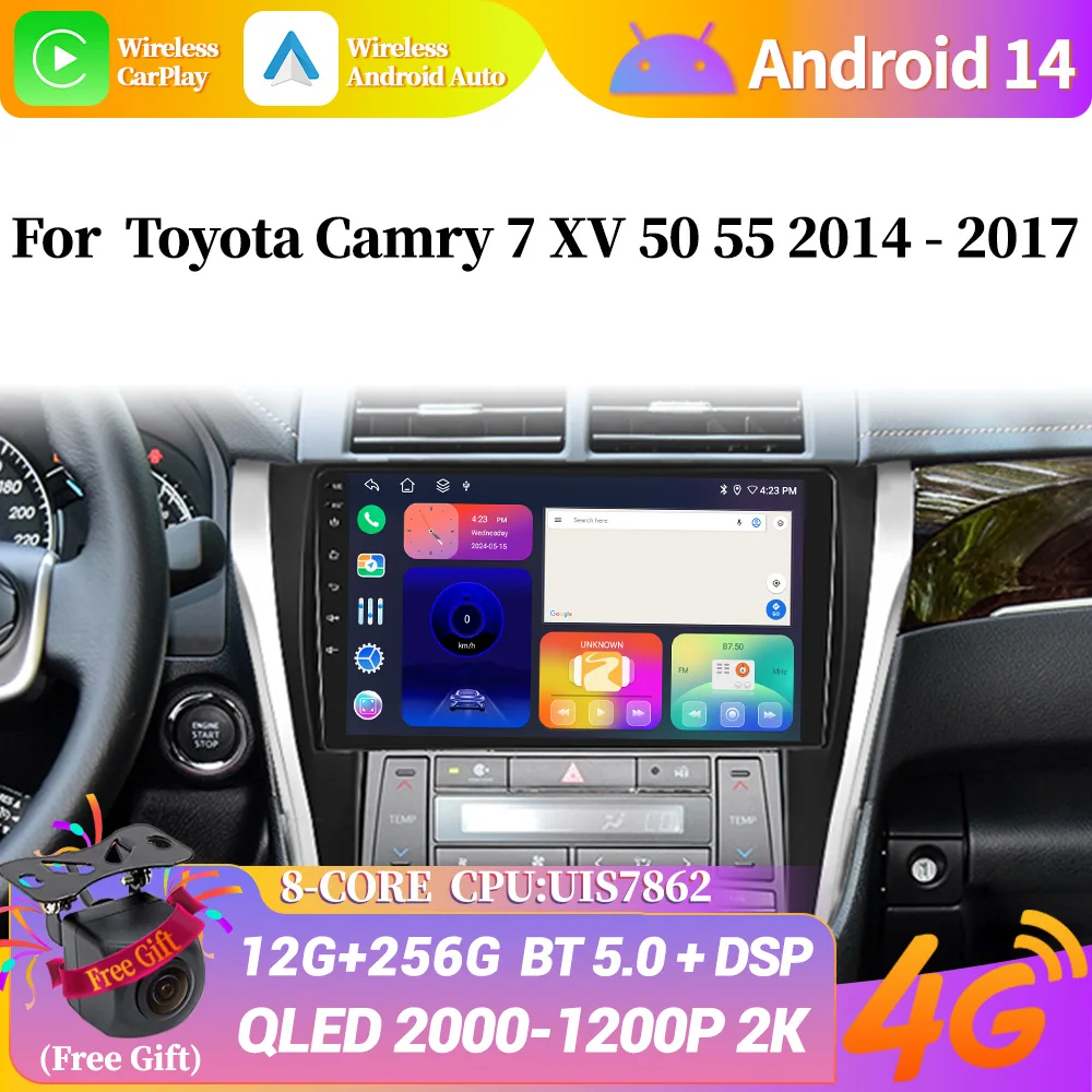 Android 14 Wireless Carplay GPS BT Multimedia Stereo Screen For Toyota Camry 7 XV 50 55 2014-2017 Car Radio WIFI Navigation