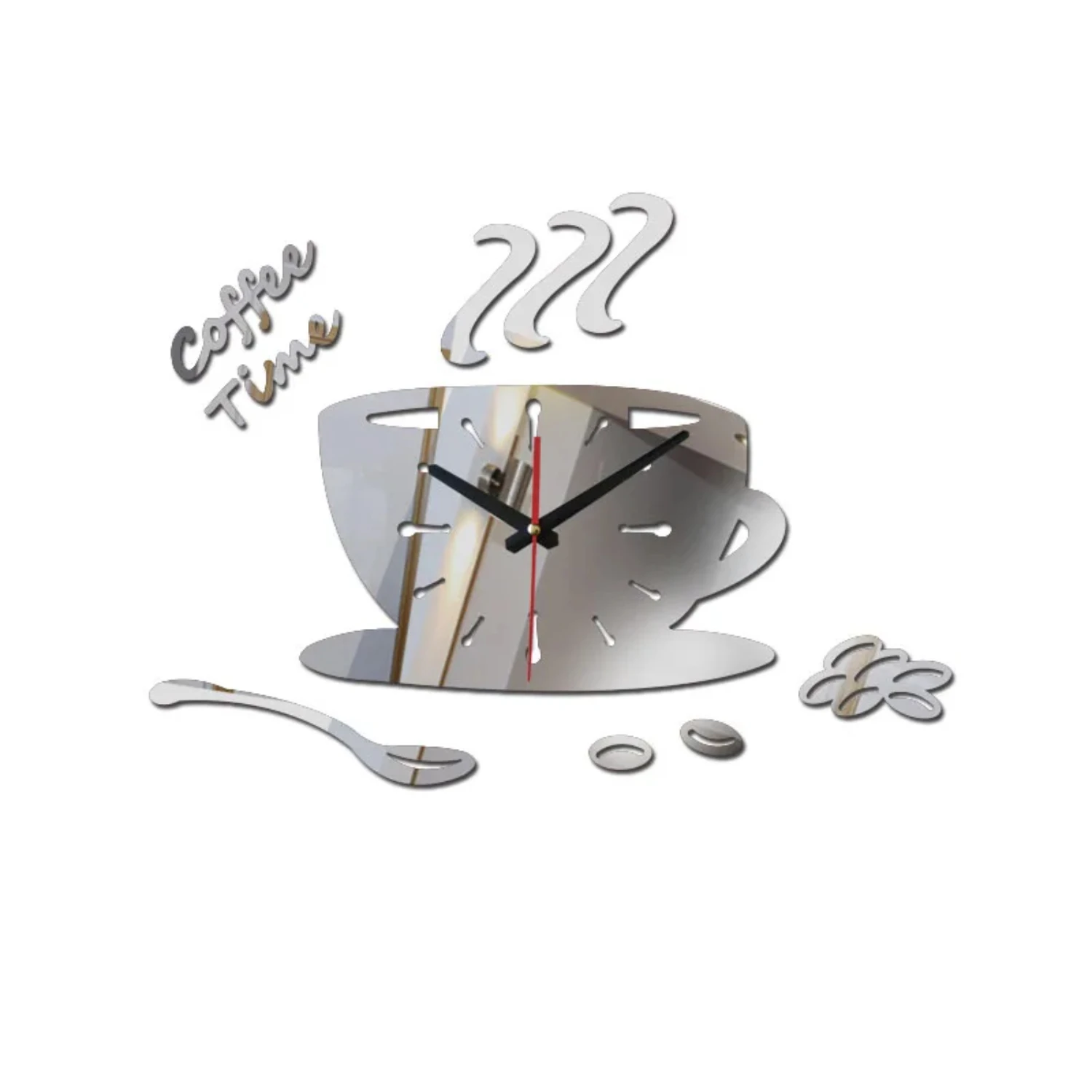 

Fashion home decoration 3d acrylic mirror wall clocks modern living room still life clock quartz needle watch coffee cup