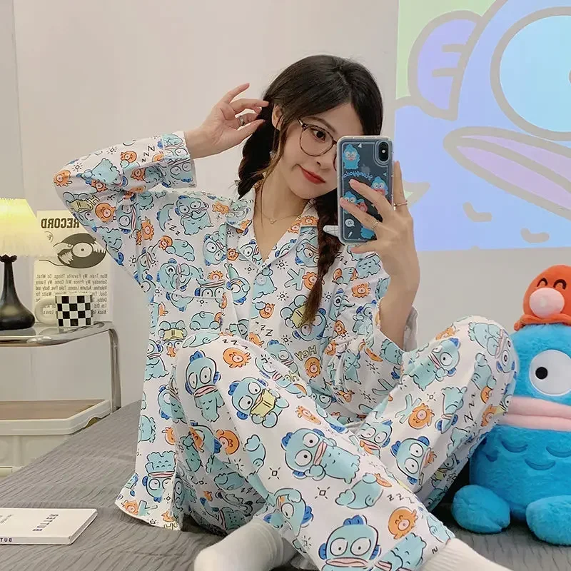 Ugly fish pajamas autumn pure cotton new cartoon long-sleeved lapel cardiganloose casual Sanrio loungewear women's pajamas