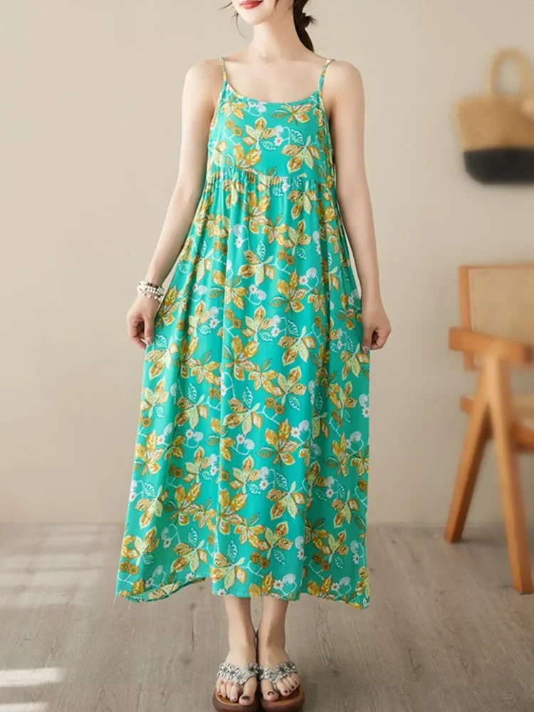 민소매 스트랩 빈티지 꽃 폴카 도트 여성을위한 드레스의 새로운 캐주얼 느슨한 긴 여름 해변 드레스 우아한 의류 2025