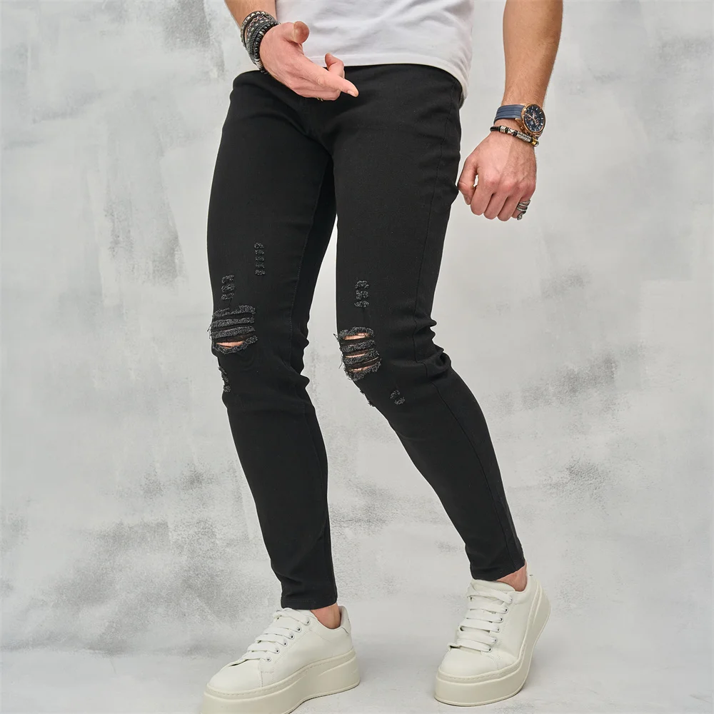 Men High Street Ripped Hip Hop Stylish Skinny Jeans Male Trousers High Quality Holes Casual Cotton Pencil Denim Pants