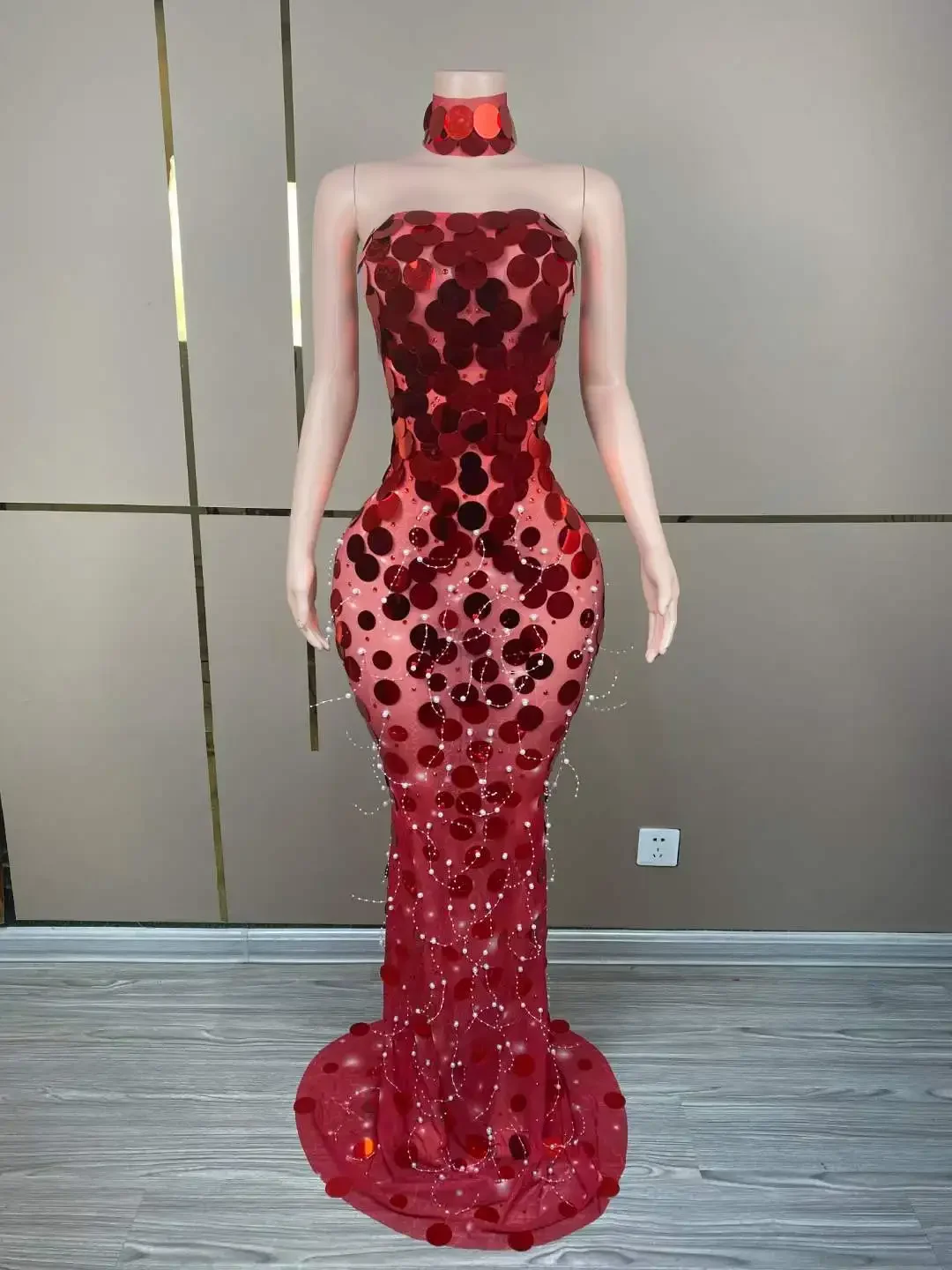 

Women Shining Sequins Off The Shoulder Sexy Long Gauze Evening Prom Stage Dress Singer Costumes Party Wear