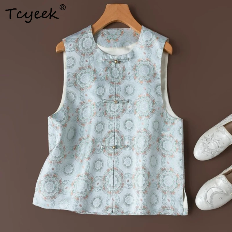 

Tcyeek 100% Real Silk Tops for Women 2026 Spring Summer New Chinese-style Retro Baby Blue Vest Clothing for Ladies Ropa De Mujer