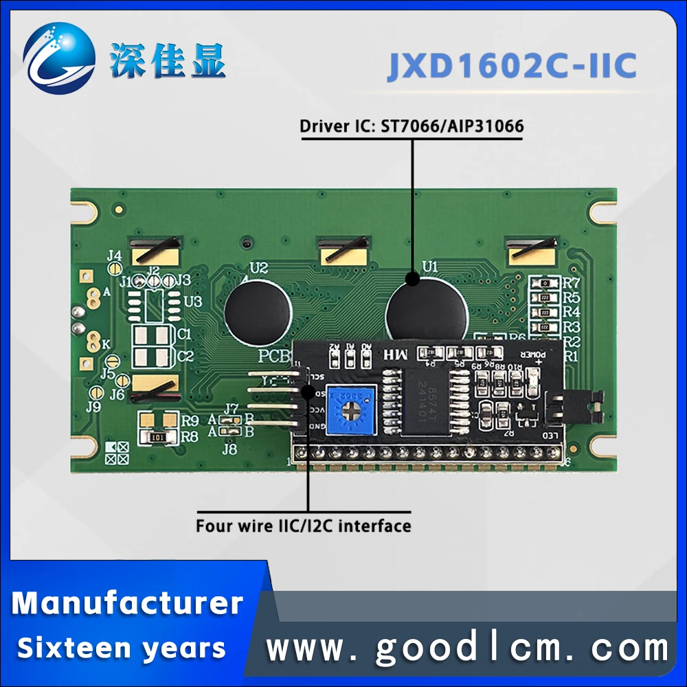 Module d'affichage LCD 1602, interface IIC/I2C, JXD1602C STN Green Positive, 16x2-line Character, LCM, prix abordable