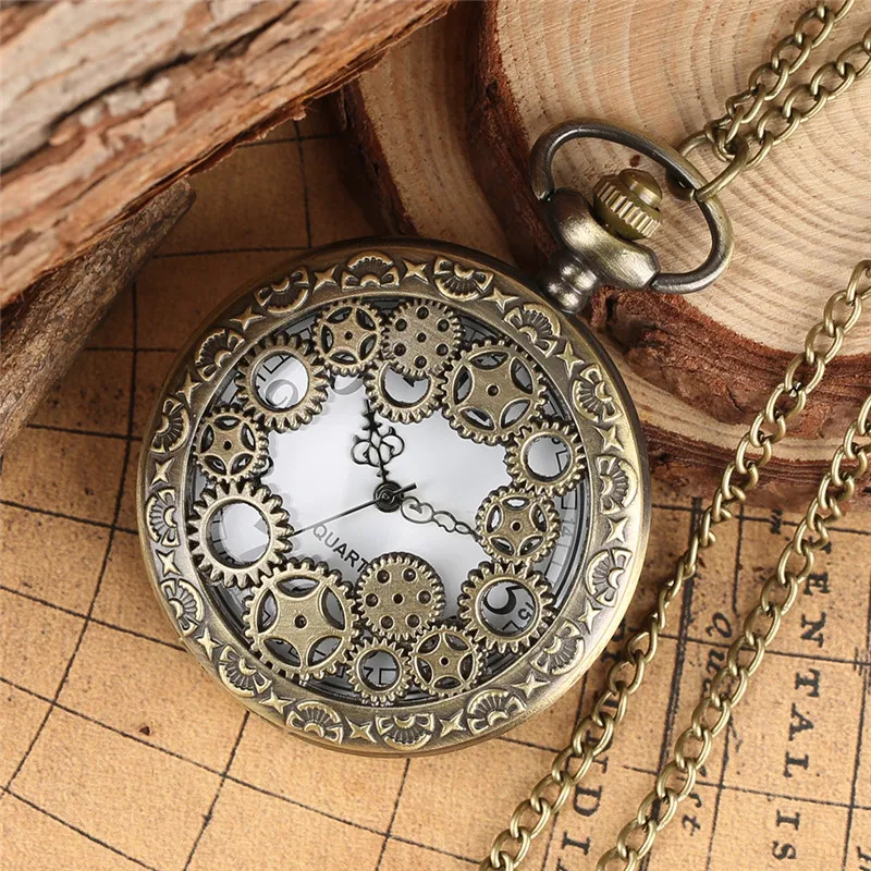 Old Fashion Pocket Watch Hollow Out Gear Wheel Cover Men Women Quartz Analog Watches Necklace Chain Collectable Timepiece