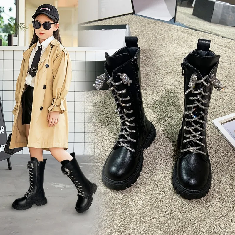 Autumn New Long Boots for Girls Fashion Kids Rhinestone Princess Shoes Warm Anti Slip Casual Cotton Boots Lace Up Children Shoes