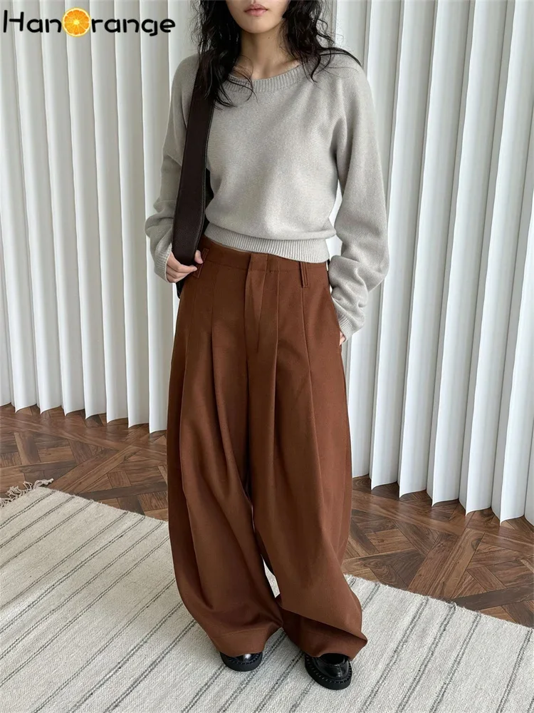 HanOrange 2024 Winter Wide Leg Pants Women Straightening Thick Trousers White/Black/Dark Brown