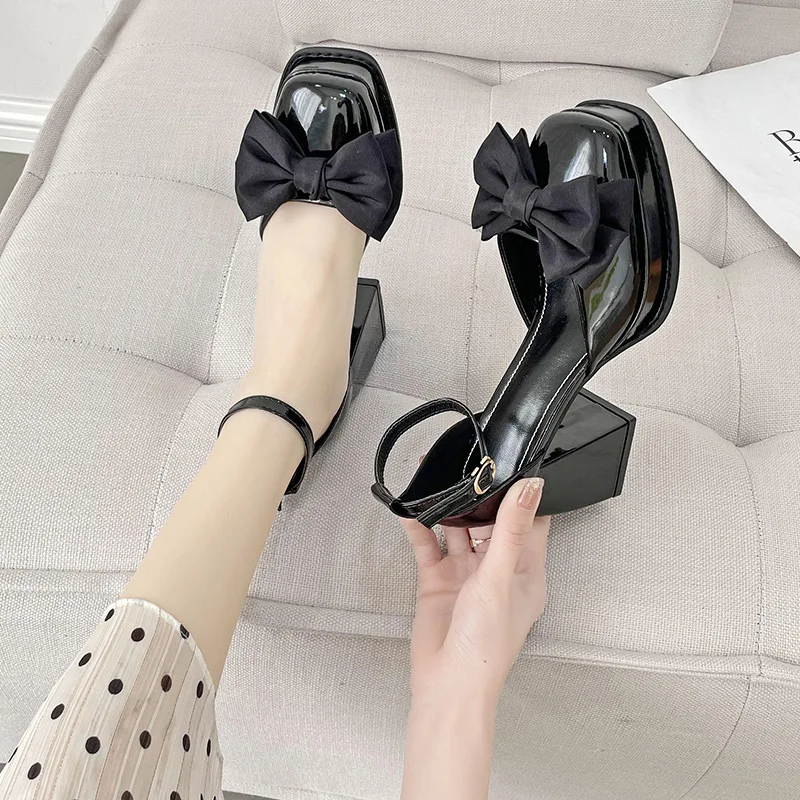 Mary Jane Female High Heels 2025 Spring Summer Women's Chunky Heel Sandals One Word Tape Big Bowknot Elegant Party Ladies Pumps