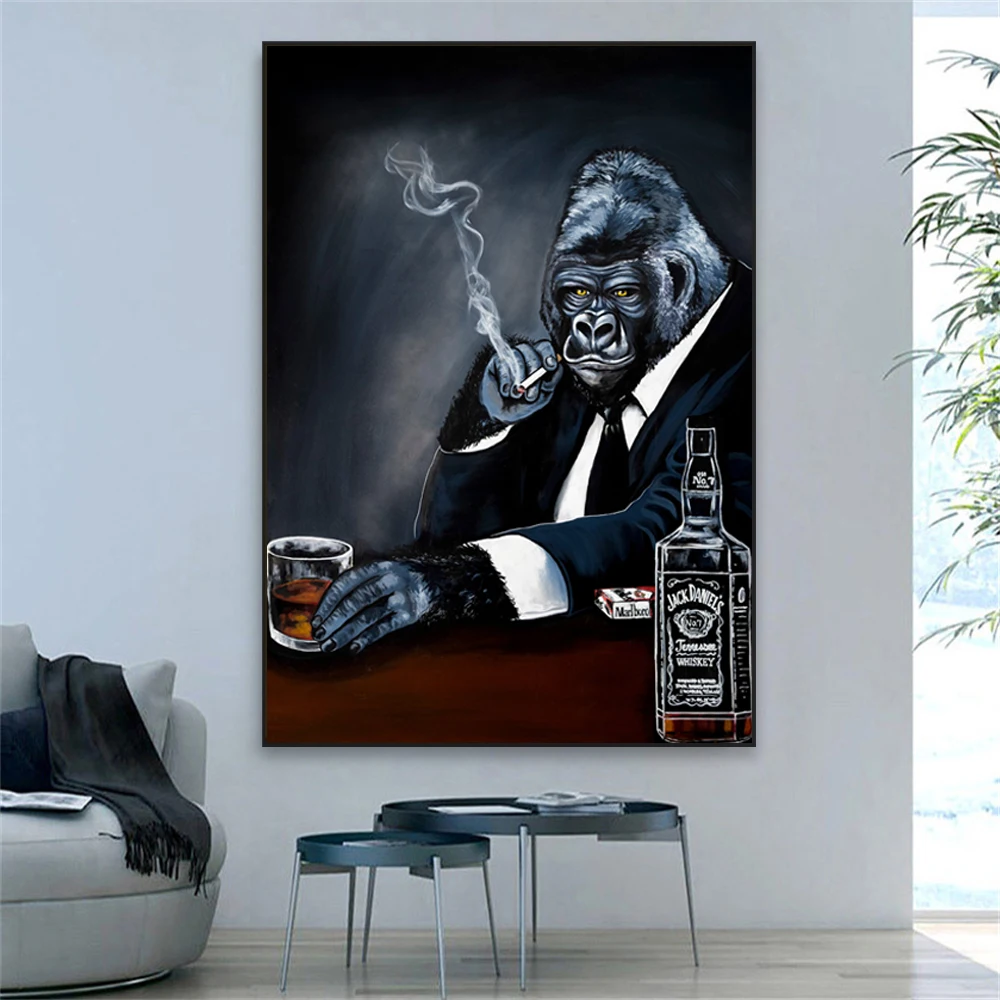 Colorful Graffiti Art Chimpanzee Animal Poster Smoking Drinking Wall Art Print Home Kitchen Funny Canvas Painting Bar Wall Decor