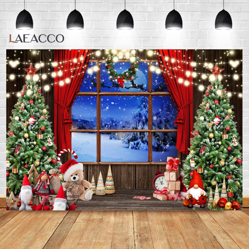 Christmas Background Floor-to-ceiling Window Snow Forest Scenery Xmas Tree Wall Decor Family Party Portrait Photography Backdrop