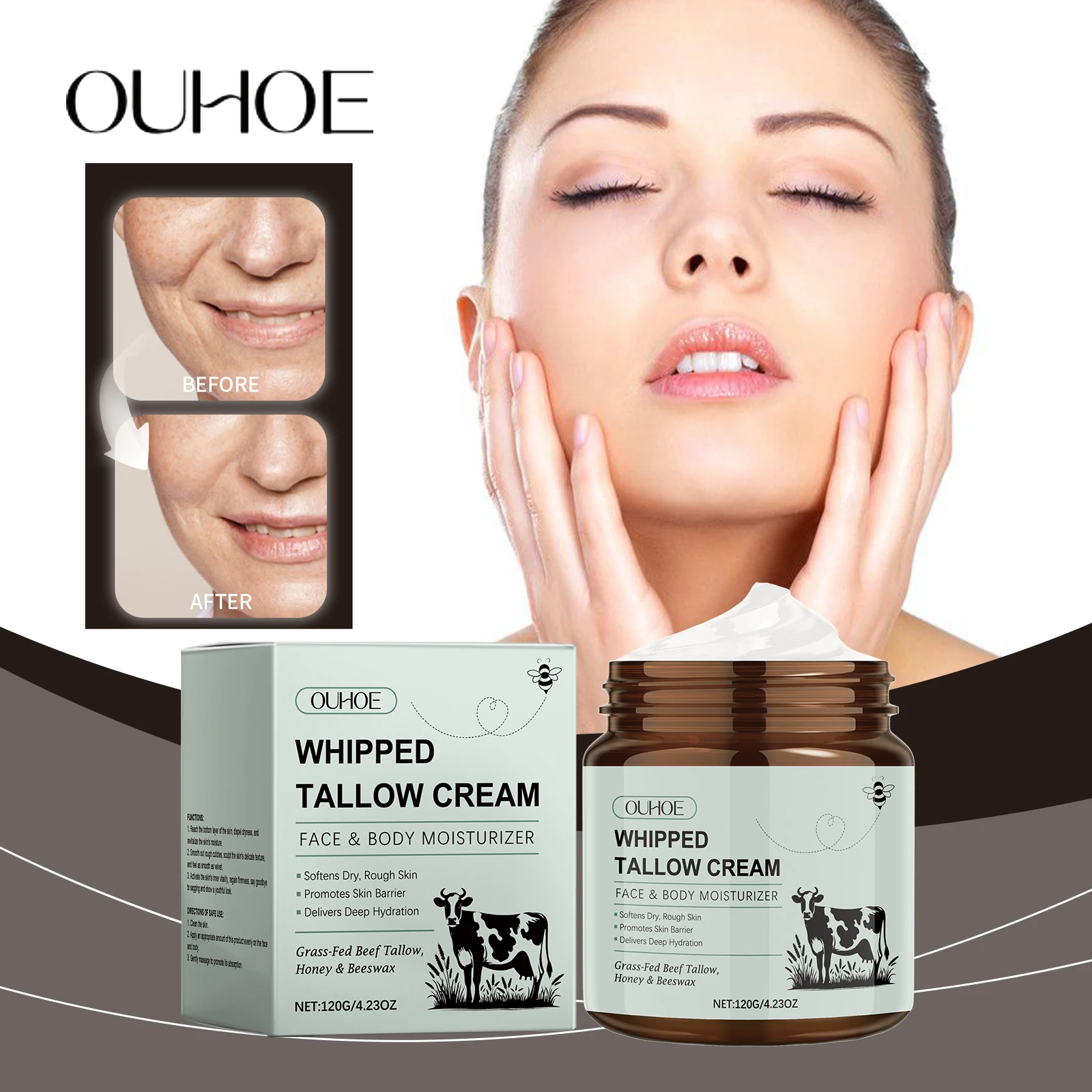 Ouhoe Whipped Tallow Balm Pure Grass Fed Tallow Honey Korean Anti Aging Moisturizer for Deep Hydration and Brightening Whitening