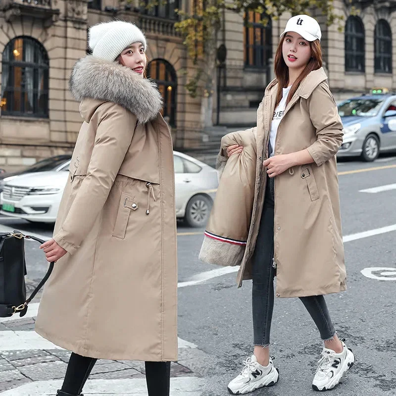 2022 New Winter Jacket Women\'s Parkas Thick Warm Fur Lining Long Coat Hooded Female Fleece Padded Parka Distachable Outwear