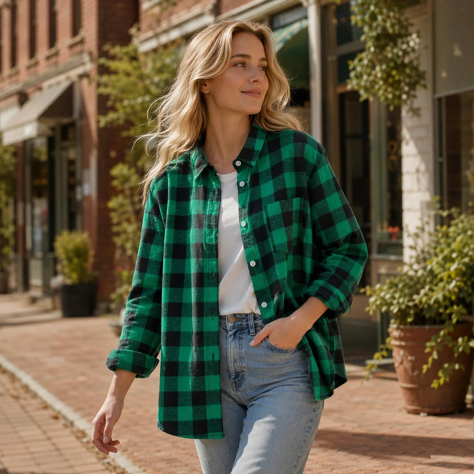 Women Flannel Plaid Shirt Long Sleeve Lapel Button Down Loose Casual Blouse Pocket Design Oversized Fall Spring Checkered Shirts