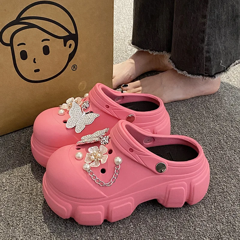 Fashion Women's Hole Shoes 2024 Summer Thick High Heel Soft Sole DIY Accessories Hole Slippers Outdoor Beach Garden Shoes