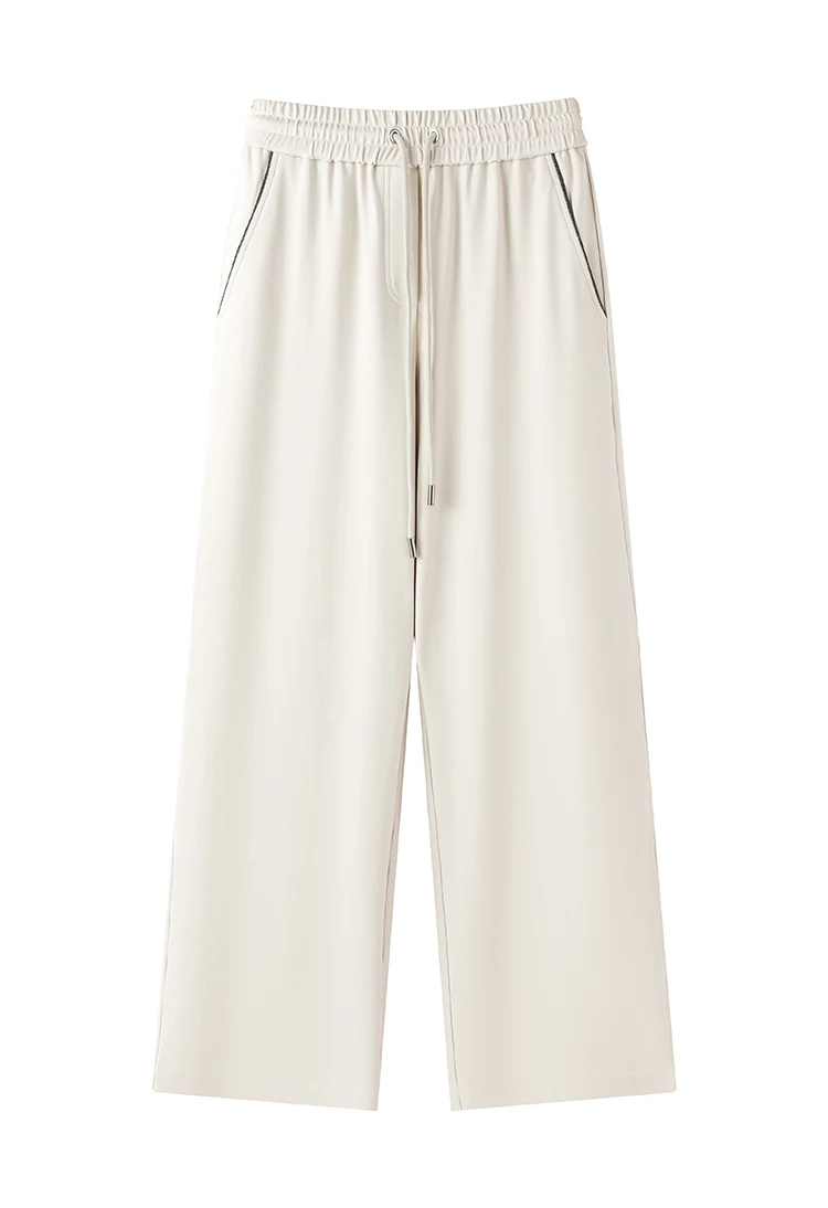 KW7523321 Women's Wide Leg Cotton Blend Pants Drawstring Elastic Waist Trousers with Side Pockets
