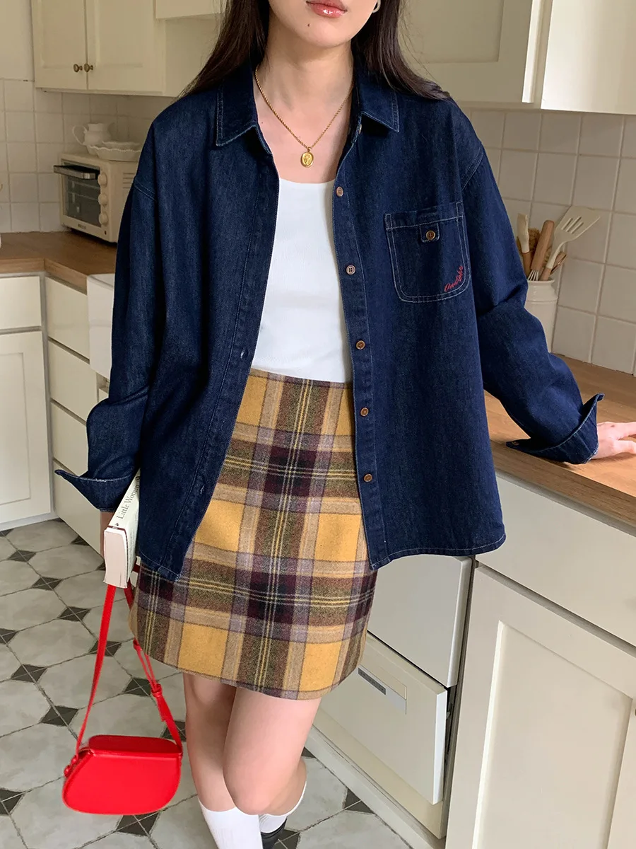 

Early autumn new retro washed denim loose long sleeved shirt for layering
