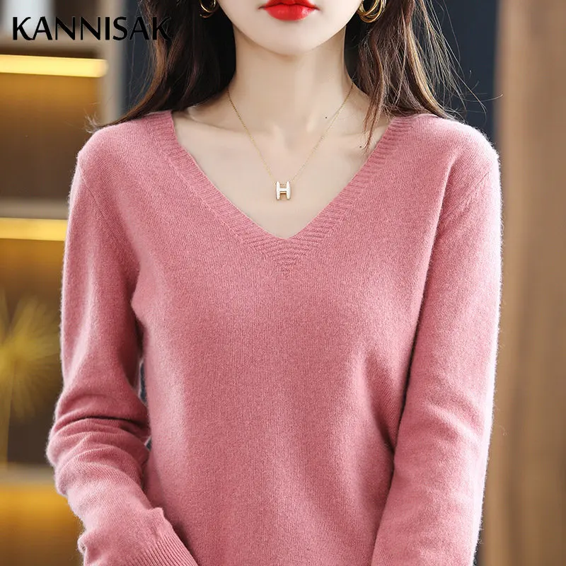 Maglione da donna 2024 Primavera Autunno Caldo Inverno Slim Fit Camicia che tocca il fondo Scollo a V Coreano Top in maglia Casual Maglioni ad alta