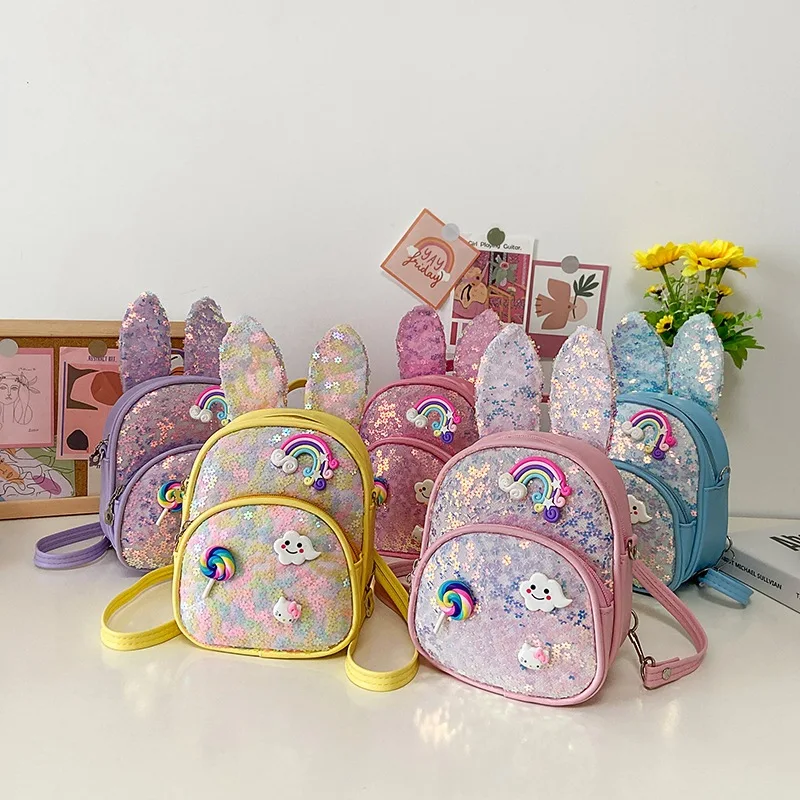 Cute Waterproof Student Kids Girls Kindergarten Schoolbags Fashion Sequins Rabbit Ears Backpack Children's Bling School Bags