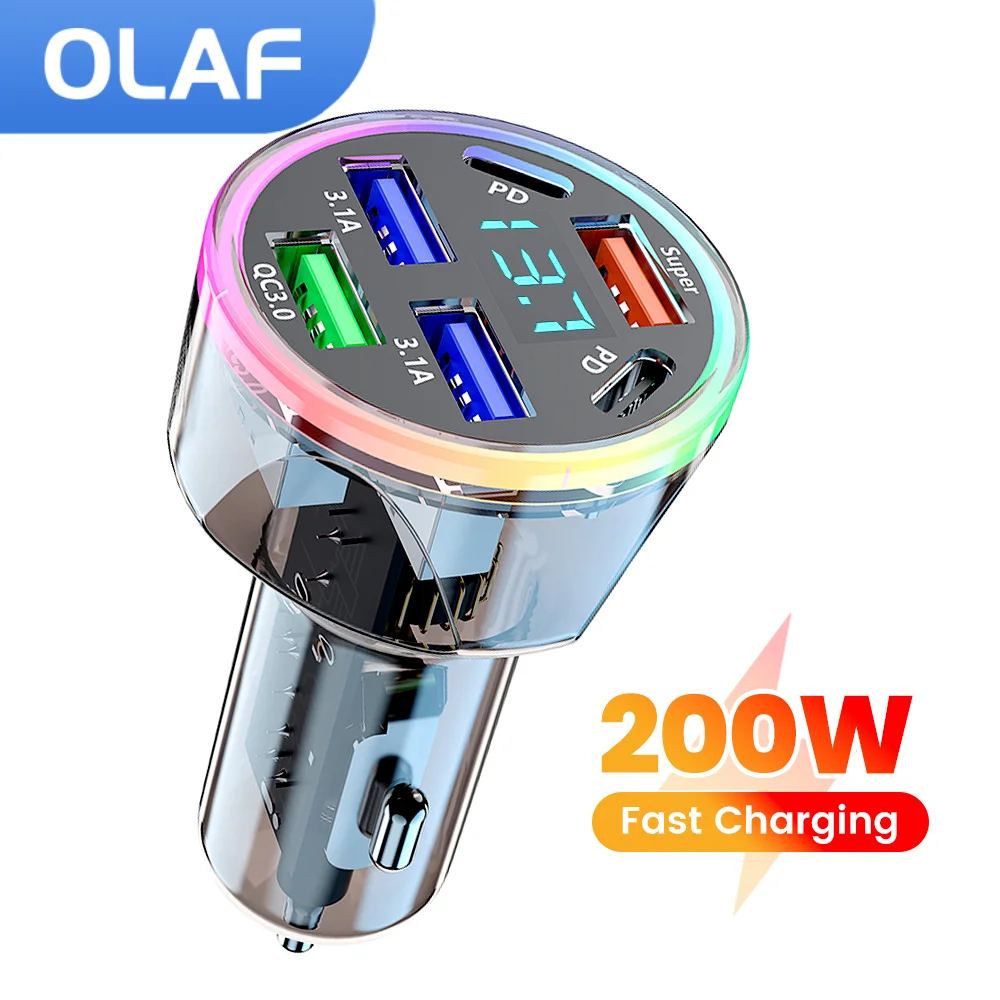 6 Ports Car USB Charger Type C PD QC 3.0 Super Fast Charging Phone Car Charger Digital Display  For iphone Android 4 USB+2 USB C