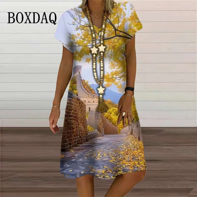 

Summer Vintage Dresses For Women Short Sleeve V-Neck Oversized Dress Casual Leaf Pattern 3D Print Dress Female Clothing Vestidos