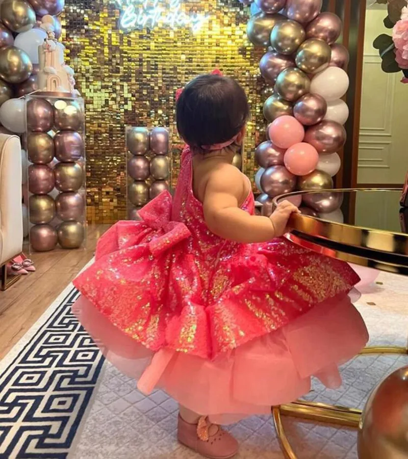 Pink Sequin Girls Dress Tutu Baby Infant Birthday Gown Party Dress Flower Girl Dress Big Bow Puffy Girls Photography