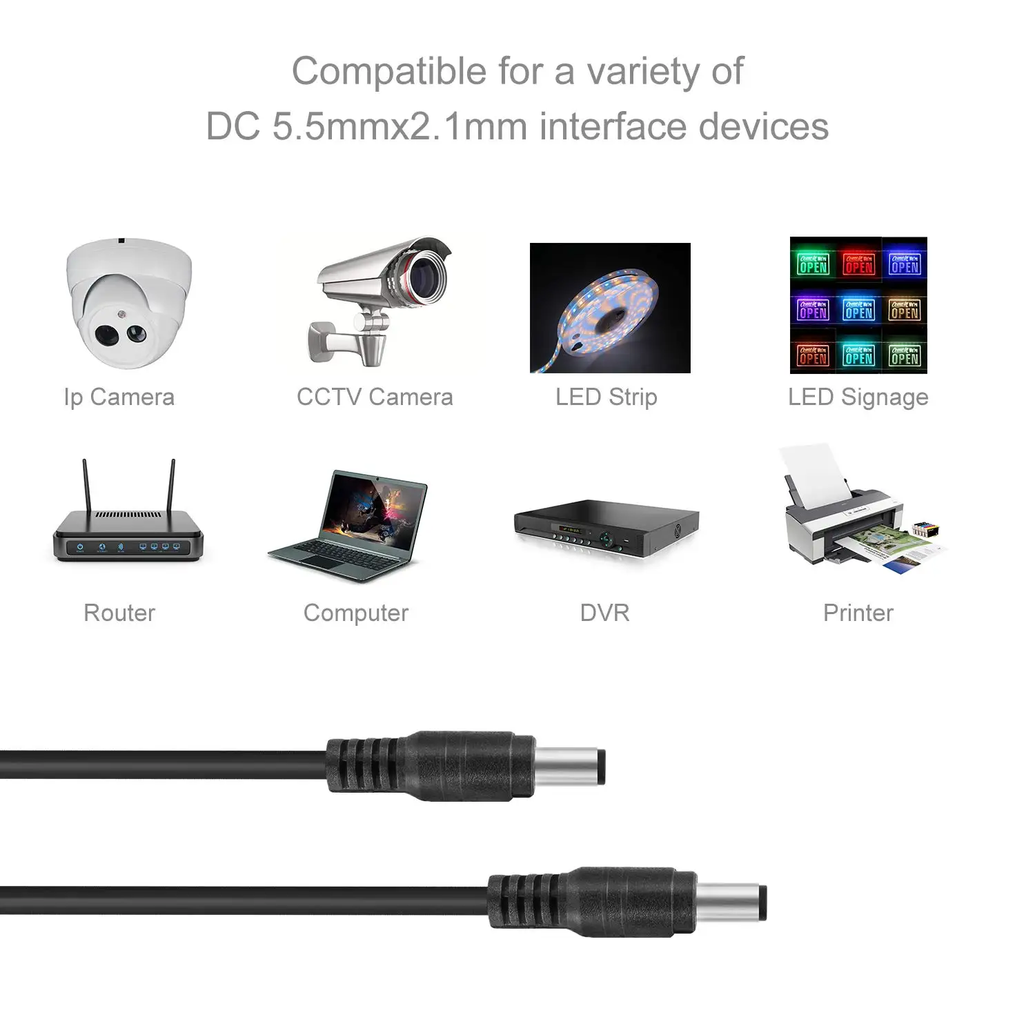 수-수 DC 연장 케이블, 전원 연장 코드, CCTV 카메라 DVR 독립형 LED 스트립 펌프용, 2.1x5.5mm, 12V, 1M, 2M, 3M, 5M, 10M