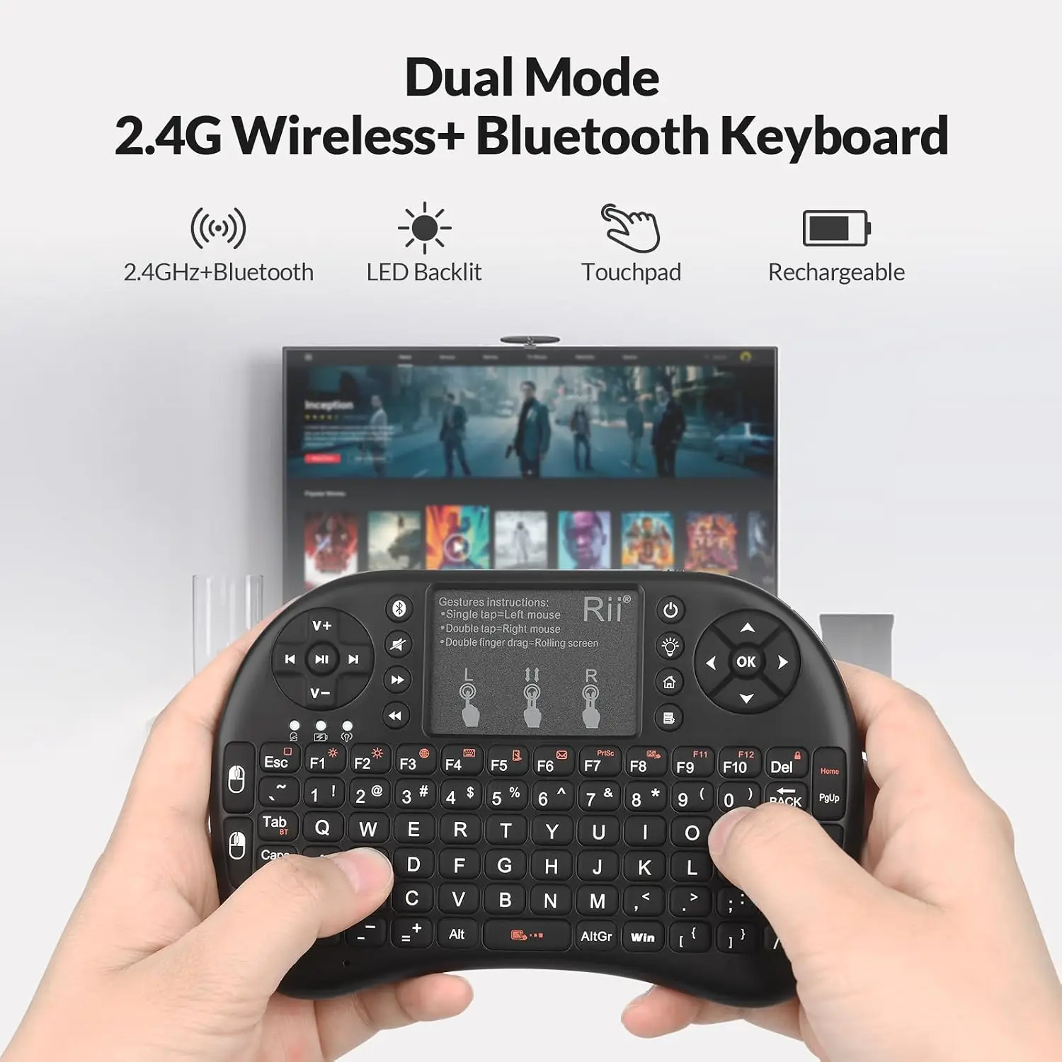Mini teclado retroiluminado inalámbrico Rii i8+ en inglés con panel táctil, control remoto con función de ratón para Windows, Android TV Box