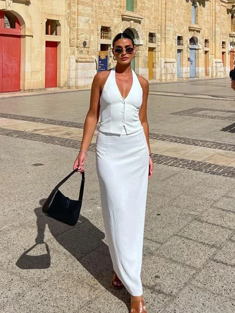 Fashion Sleeveless Halter Tops Hip Package Long Skirt Solid Skirt Sets for Women Elegant 2024 Summer Office Ladies Street Outfit