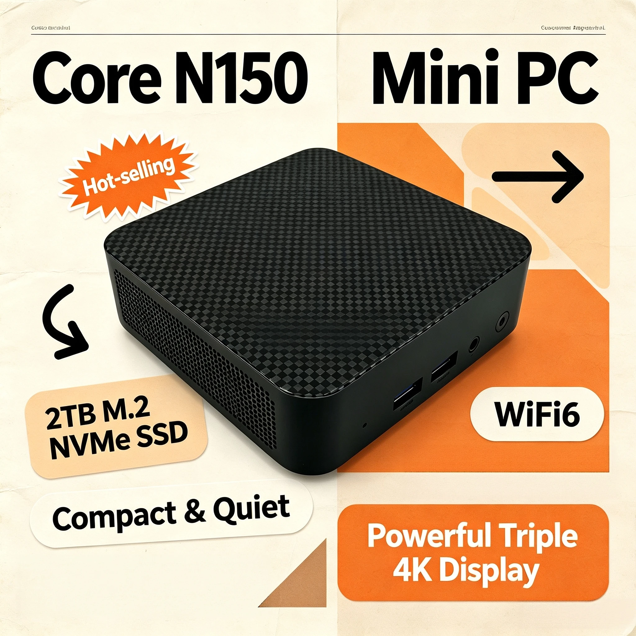 2026 인텔 코어 N150 휴대용 미니 PC 사무실 및 가정용 데스크탑 16GB DDR4 M2 NVMe SSD 트리플 4K WiFi6 저소음 냉각