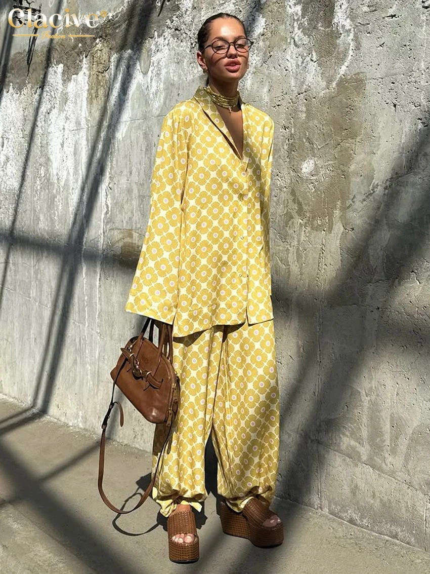 

Clacive Fashion Loose Print Women's Two Pieces Set Elegant Long Sleeve Blouse With High Waist Wide Pants Set Female Streetwear