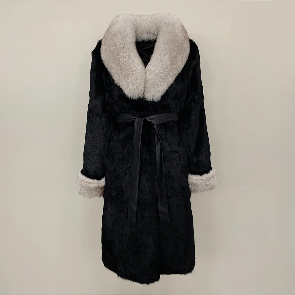 MENINA Cappotto di pelliccia ispessito autunno inverno per donna Pelliccia di coniglio Cappotto caldo di moda con collo in vera pelliccia di volpe stile lungo monopezzo