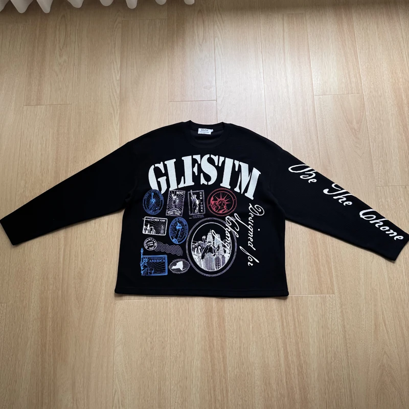 Statue of Victory Print Waffle Long Sleeve T Shirt Men Women Black Apricot Loose Quick Dry Breathe Clothes Tops Tee